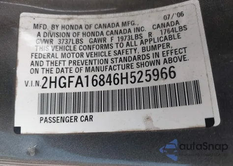 2006 Honda Civic Ex z USA, uszkodzony, nr VIN 2HGFA16846H525966